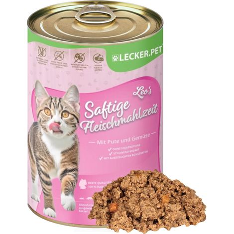 6 x 400 g de repas de viande juteuse à la dinde et aux légumes pour chats Lecker.Pet® Leo's Nassfutter (1/5)