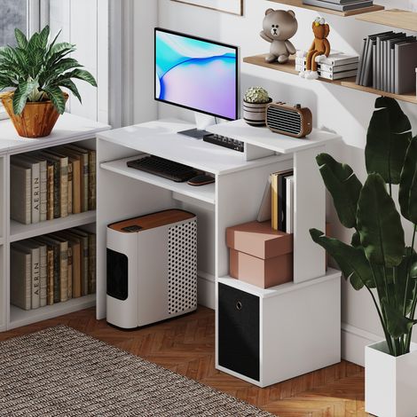 Bureau contemporain blanc et noir 100x40x86,6cm avec tiroir textile, repose-mains et support clavier intégré (1/5)