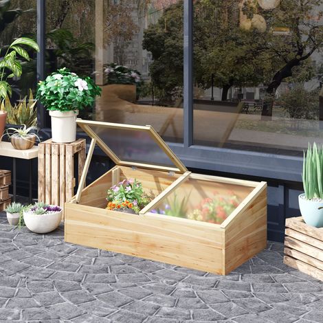 Mini Serre de Jardin Serre pour semis dim. 100L x 50l x 36H cm Toit 2 pans ouvrables séparemment Panneaux de Polycarbonate Bois Sapin pré-huilé (1/5)