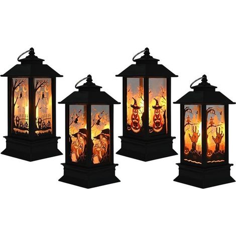 4 Pièces Lanterne d'Halloween Décoration LED Lanterne de Bougie Suspendue Citrouille Corbeau Sorcière Fantôme Motif de Main pour (1/5)