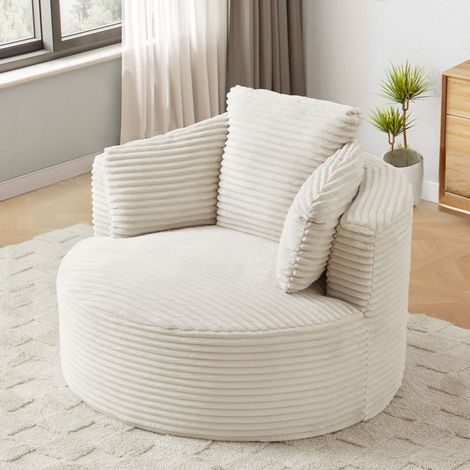 Sillón redondo ergonómico de pana con asiento profundo y cojines, sin montaje, beige (1/5)