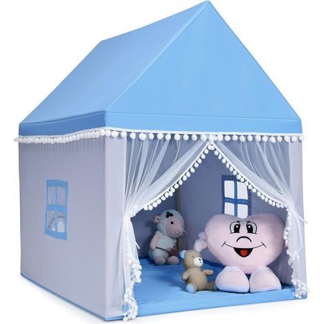 COSTWAY Kinderspielhaus Kinderzelt Spielhaus Prinzess Prinzessin, Kinderspielzelt Stoffzelt mit Massivholzrahmen & Baumwolldecke, Kinderspielburg für Jungen Maerchen 120x105x140cm Blau (1/5)