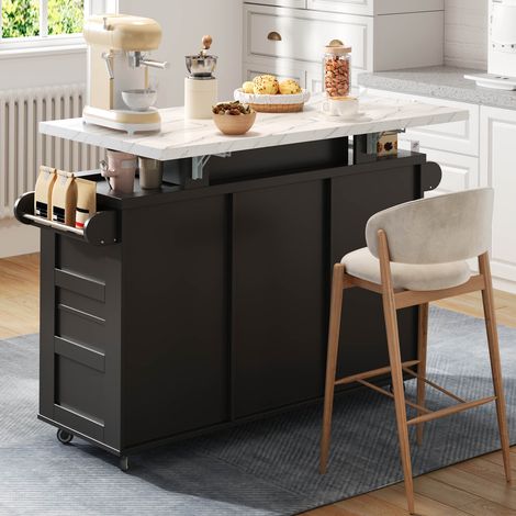 Carrello da cucina con LED, 2 ante e 3 cassetti, in nero, 138x60x93 cm (1/5)