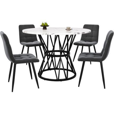 Table ronde 100cm,plateau marbré MDF,pieds noirs et chaises velours gris