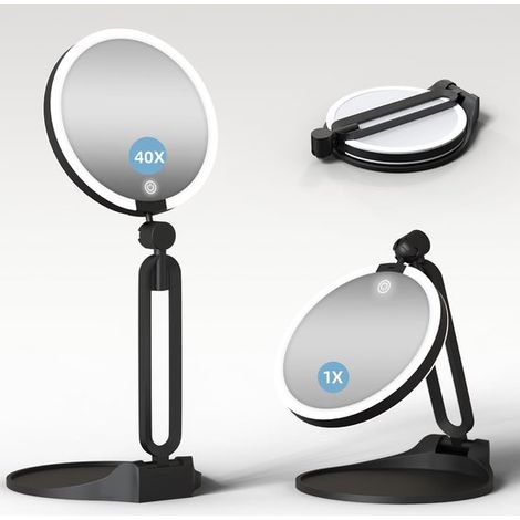 Longziming - Miroir de maquillage pliable avec éclairage – Miroir grossissant 1x/40x – 3 couleurs d'éclairage – Miroir cosmétique LED rechargeable – Rotation à 360° – Idéal pour la maison et les voyag (1/5)