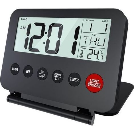Petit Réveil de Voyage Numérique Fonctionne sur Piles Réveil Portable pour Les Voyages - Horloge Numérique, Alarme, Répétition, Température et Rétroéclairé (Piles Non Incluses) - Noir (1/5)