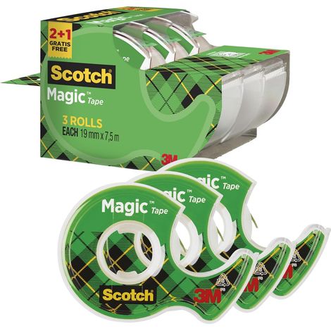 Magic Tape, Rouleaux de Ruban Adhésif Transparent avec Dévidoir, Lot de 3, Ruban de 19mm x 7.5m - Idéal pour le Bureau et l'École (1/5)