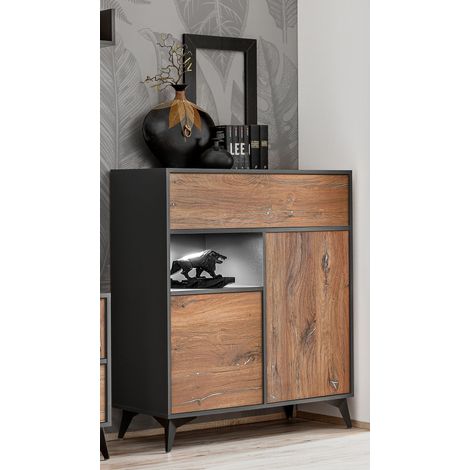 Komodee, Commode Buffet Orvieto 3D, Chêne/Anthracite, Largeur 100cm x Hauteur 113,5cm x Profondeur 40cm, LED, pour Salon , Chambre (1/4)