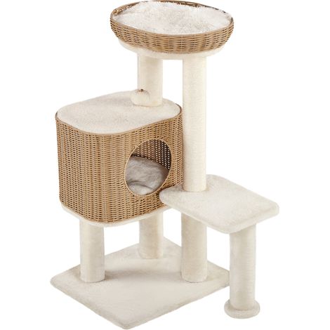 Yaheetech Albero Tiragraffi per Gatti XXL in PE Rattan, Piattaforma e Casetta 10kg con Cuscini, Ideale per Gatti Grandi, 91×49×41 cm, Beige