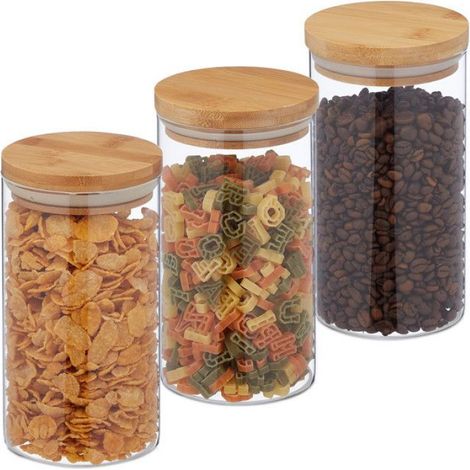 Bocal En Verre - 1000 Ml - Couvercle En Bambou Et Anneau En Silicone Hermétique - Pour Conservation Aliments Cuisine - Lot De 3 (1/5)