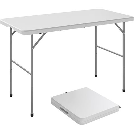 Irovami Mesa de camping plegable con 2 alturas y asa – HDPE blanco, 120x60x74 cm – Soporta 100 kg, fácil limpieza, se pliega a la mitad – Para picnic, terraza, playa