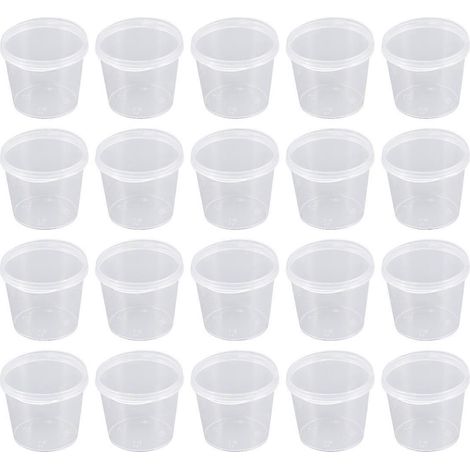 Lot de 50 gobelets à portion jetables en plastique transparent de 25 ml avec couvercles, parfaits pour gelées, yaourts, mousses et sauces.