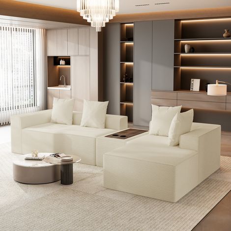 Divano modulare a 3 posti con angolo destro compresso,in velluto a coste beige,con tavolino multifunzionale integrato,divano moderno per soggiorno