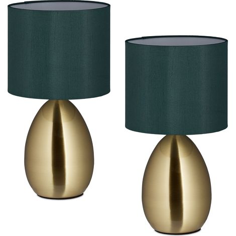 Relaxdays Lampada da Tavolo, Set 2 Abat Jour in Tessuto e Acciaio, E14, HxD: 33,5x18 cm, Luce Comodino da Letto, Ottone (1/5)