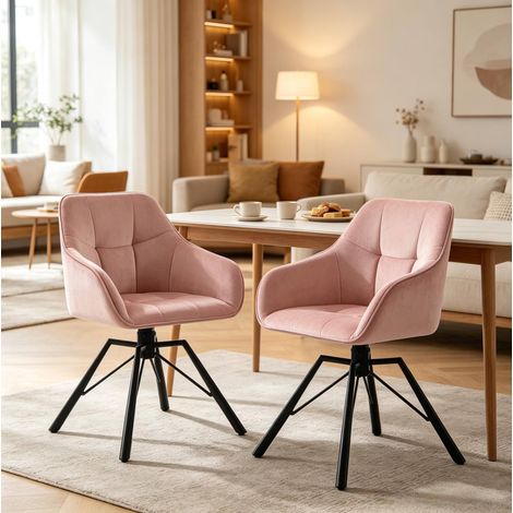Esszimmerstuhl aus Samt in Rosa mit Metallgestell, 360° drehbar, mit Armlehnen und ergonomischer Rückenlehne (1/5)