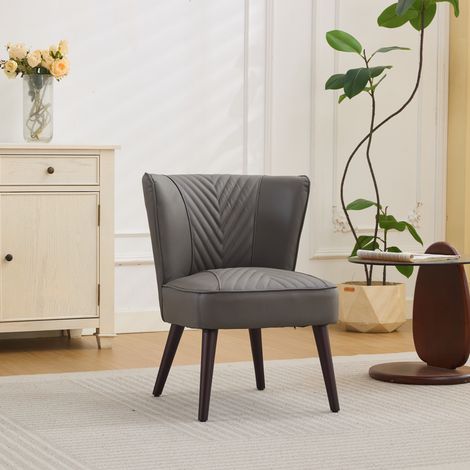 Grau-Echtleder Wohnzimmer-Loungesessel ohne Armlehnen – massiver Kautschukholz-Fuß, moderner Komfortsesse