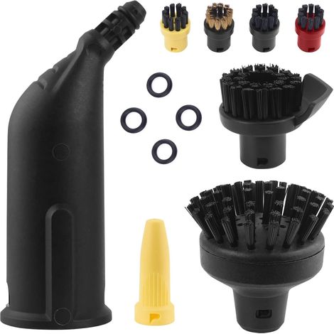 Kit de cepillo y boquilla redondos compatibles con limpiadores a vapor Kärcher SC1, SC2, SC3, SC4 y SC5. Boquilla alargada negra, cepillo redondo grande y 4 cepillos redondos pequeños.