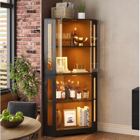 Meuble de rangement vitrine d'angle en verre 40 x 40 x 165 cm avec LED, noir HAVRYA (1/5)