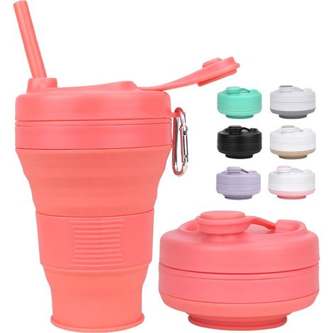 Bicchiere pieghevole in silicone arancione da 600 ml con cannuccia e coperchio in plastica, senza BPA, riutilizzabile e portatile, ideale per attività all'aperto, campeggio, picnic, escursioni e viagg (1/5)