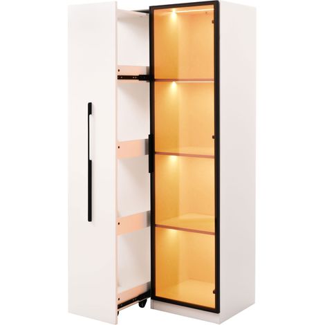 Armadio multifunzione bianco 160 cm con vetrina in vetro temperato, LED e ruote (1/5)