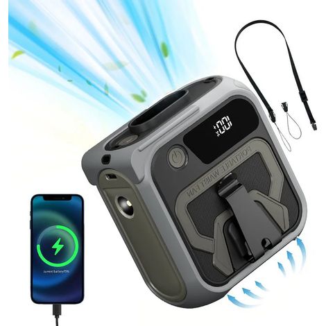 (Gris) Ventilateur de taille portable, rechargeable, rafraîchissant, avec lumière, adapté aux voyages de camping. (1/5)