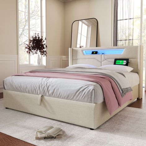 Polsterbett LED Doppelbett mit USB Type C Chargefunktion und LED-Illumination,Stauraumbetten Chassis de lit en lin Jugendbett 160x200 avec lattenrost(Sans matelas) (1/5)