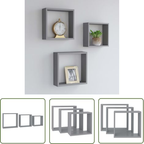The Living Store Étagères murales sous forme de cube 3 pcs Gris MDF - Etagere Murale - Etagere Cube - Rangement Mural - Decoration Murale - Meuble Design (1/5)