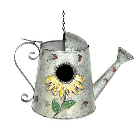 DanDiBo Vogelhaus zum Aufhängen Metall Deko Gießkanne Wetterfest 96255 Nistkasten Futterstation für Vögel Shabby mit Kette Metallkanne Kanne Balkon