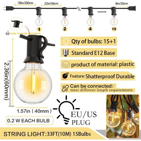 15 pcs Guirlande LED G40, étanche IP44, ampoules sphériques en plastique résistant, 10 m, 1 W/LED, pour jardin, terrasse, mariage et décoration festive (1/5)