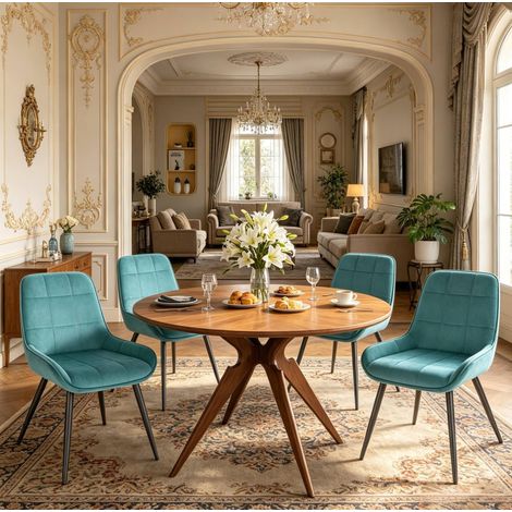 Pack de 4 sillas de comedor de terciopelo turquesa, asiento acolchado, patas metálicas HAVRYA (1/5)