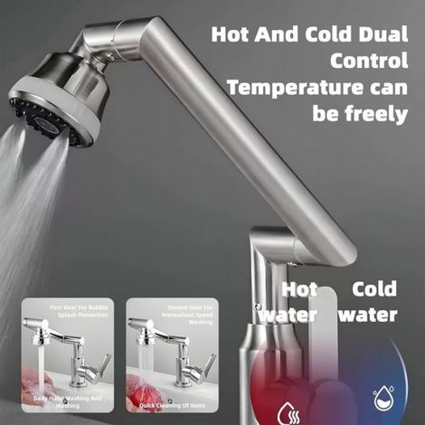 Robinet de cuisine, aérateur 1080°, 2 jets, avec tuyau de raccordement eau chaude et eau froide de 60 cm - Gris bronze (1/5)
