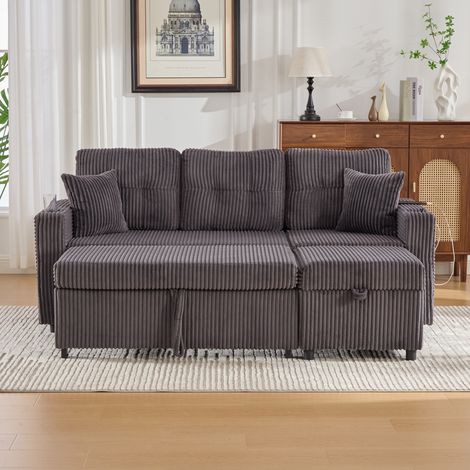 Sofá cama 196x82-144x85 cm gris oscuro en pana con almacenaje, USB-C, LED y portavasos (1/5)