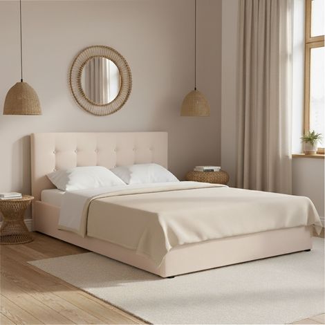 Lit coffre 140x190 en velours écru avec tête de lit capitonnée Terre de nuit (1/5)