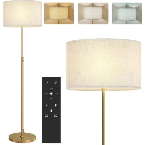 Homcom – Lampadaire sur pied salon dimmable avec télécommande – Abat-jour en lin – Hauteur réglable 133-168 cm – Couleur dorée (1/5)