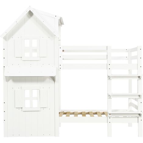 Litera infantil 90x200 cm blanca con techo, ventanas y escalera de 3 peldaños HOMVRA (1/5)