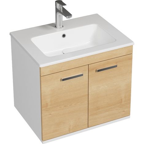 RUBITE Meuble salle de bain simple vasque 2 portes chêne clair largeur 60 cm (1/4)