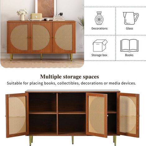 Buffet - - 3 portes rotin - Noyer - 129.8x40x76cm (1/5)
