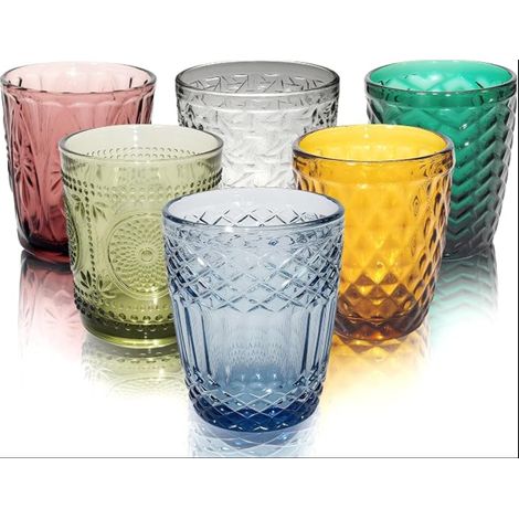 Vintage Relief Pattern Colorful Tumblers 300ml Dishwasher Safe Drinking Cups for Water, Juice, Cocktail, Transparent with Crystal Effect (1/5)
