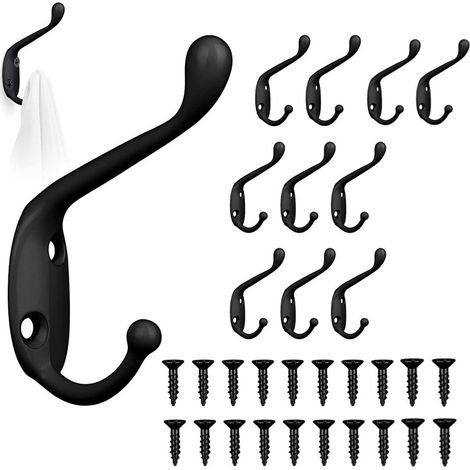 10 patères rétro en métal, patères vintage noires, patères rétro, crochets doubles pour cintres avec vis pour la maison