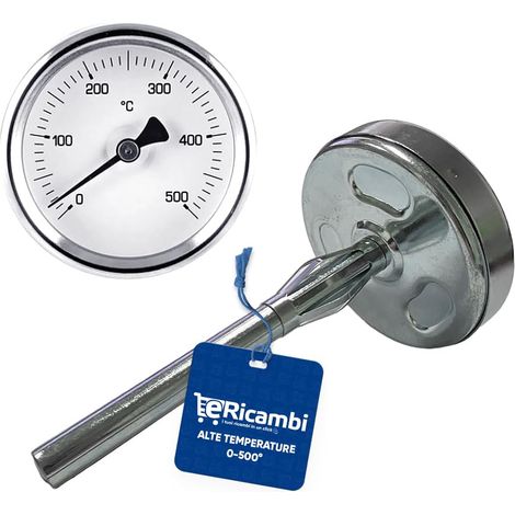 Termometro per Forni a Legna Barbecue, con Bulbo Lineare per Alte Temperature, Lunghezza Bulbo: 100mm Ã˜ Quadrante Termostato 63mm Acciaio Zincato - Dimensioni: 10cm (27802)