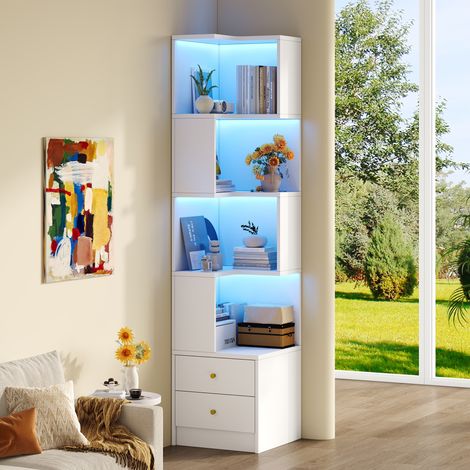 Bibliothèque d'angle en forme de L, Étagère de coin avec LED connectée (App), 4 niveaux 2 tiroirs, Style moderne pour salon et bureau, Blanc (1/5)