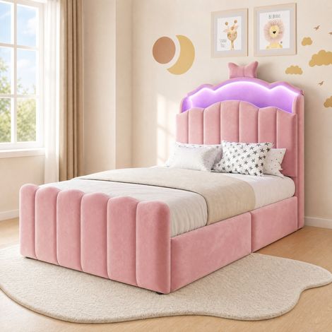 Cama infantil tapizada 90 x 200 cm rosa con almacenaje, LED, USB y cabecero abatible (1/5)