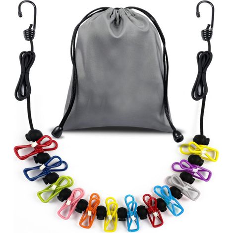 Étendoir à linge portable et rétractable pour les voyages - 12 pinces à linge colorées incluses, idéal pour sécher le linge à l'intérieur et en camping, accessoires compacts et résistants (1/5)