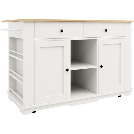 Isola cucina bianca con piano estensibile, prese, 2 cassetti e ruote (1/5)