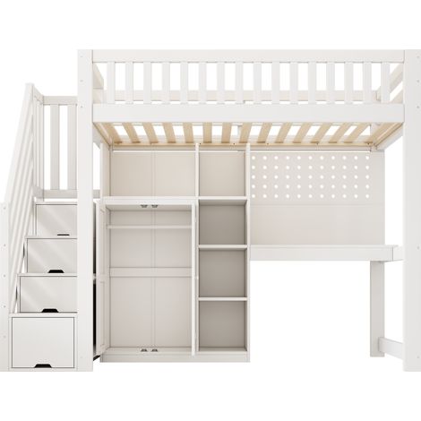 Cama alta infantil blanca 90 x 200 cm con escritorio, armario, estantes y USB/USB-C (1/5)