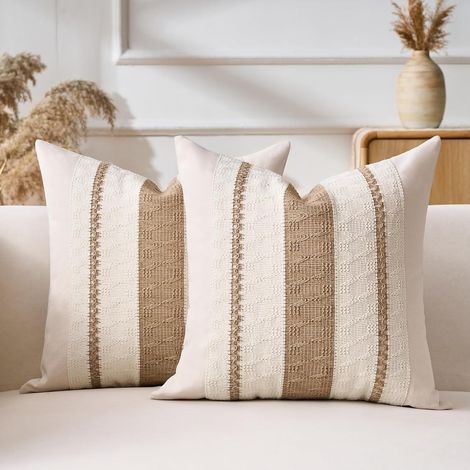 Housse de Coussin 40x40 Marron Boho Texturée à Rayures Tissées Décoratives Moderne Housse Coussin Canapé Decoratif pour Maison Couch Sofa Salon Chambre Décoration Lot de 2 (1/5)