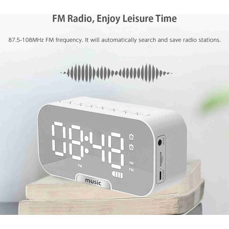 Eosnow Digitaler Wecker mit Spiegeloberfläche, BT-Lautsprecher und FM-Radio, Dual-Alarme, elektronischer Desktop, wiederaufladbarer tragbarer Musik-Player, unterstützt TF-Karte, 3 Helligkeitsstufen, T