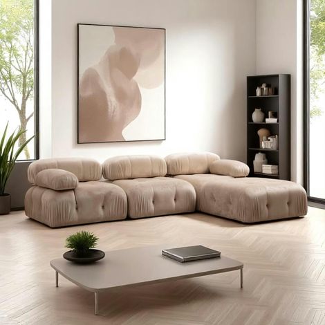 Canapé d'angle modulable beige - tissu velours RONDA (1/5)
