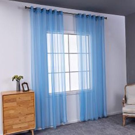 Dos cortinas semitransparentes perforadas, ligeras y transpirables, ideales para decorar dormitorios, salones, etc., de 140 x 230 cm, color azul cielo. (1/5)
