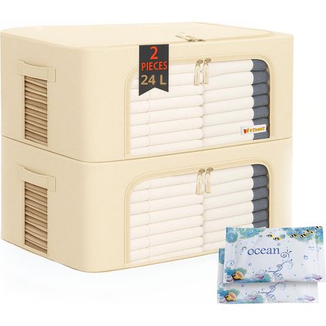 Boîte de rangement pour armoire peu encombrante 24 L, beige – Boîte de rangement Lot de 2 – Organiseur d'armoire avec fenêtres transparentes empilables, pliables, résistantes à l'eau 2 x 24 L (1/5)